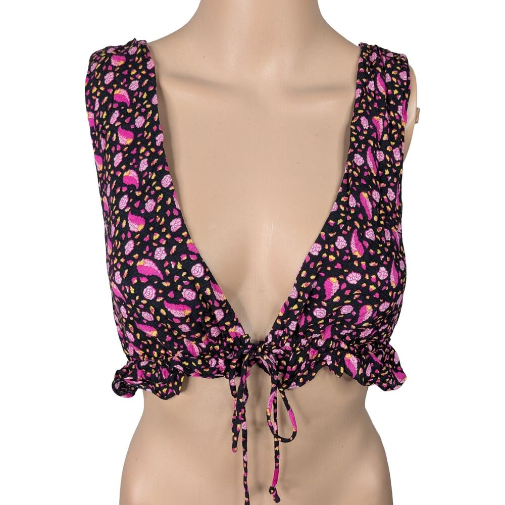 By Anthropologie Floral Bralette Panty Lounge Set Ruffle Smocked Pink Black M